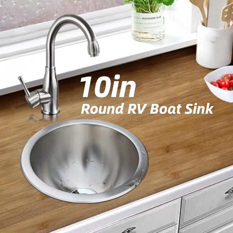 DAUERHAFT Round RV Boat Sink camper van sink 304 Stainless Steel RV Kitchen Sink, 10 inch Single Bowl Sink small rv sink for Space Saving Single Bowl - Image 2